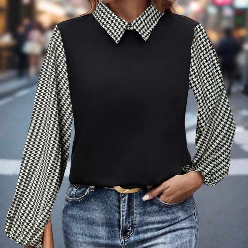 Stylish Black and White Houndstooth Women's Top